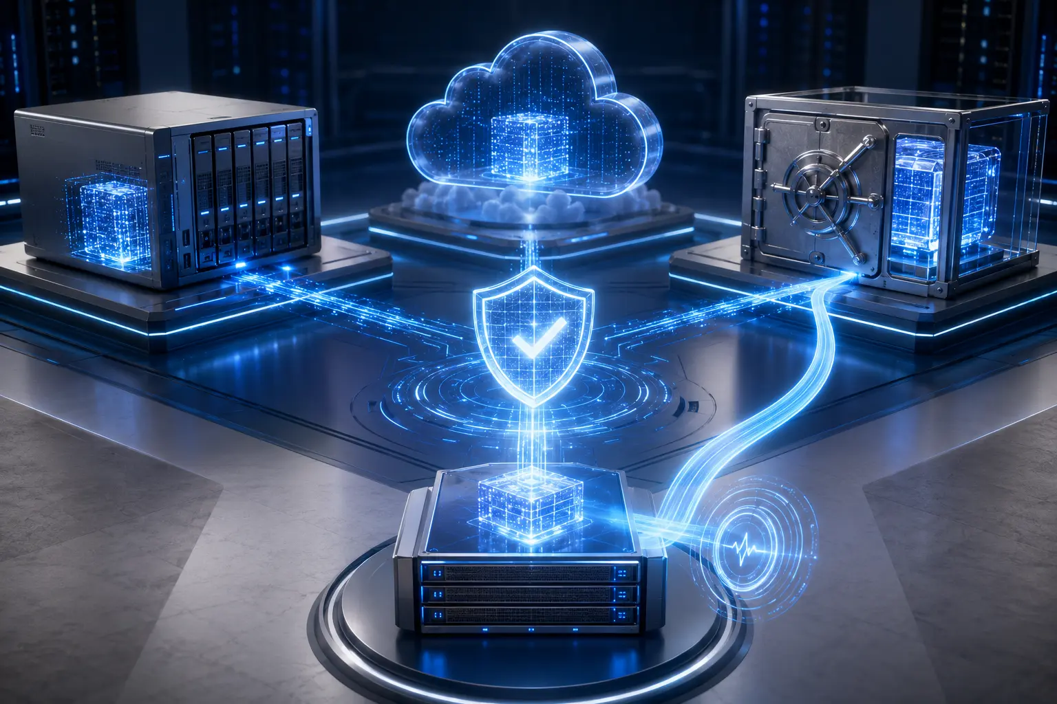 Tres copias de datos protegidas en almacenamiento local, nube segura y una bóveda aislada