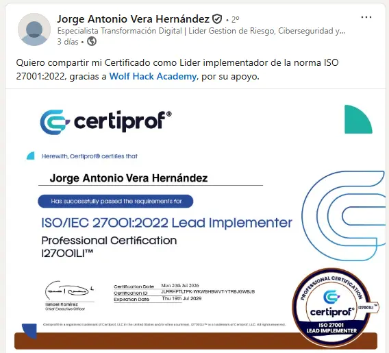 Publicación de Jorge Antonio Vera Hernández sobre ISO/IEC 27001:2022 Lead Implementer