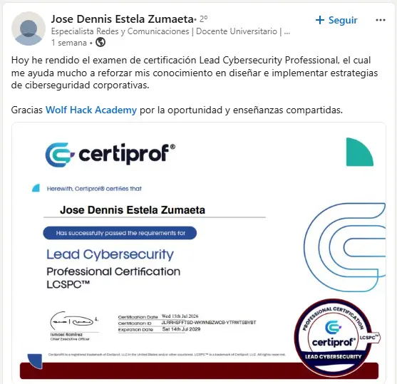 Publicación de Jose Dennis Estela Zumaeta sobre Lead Cybersecurity Professional