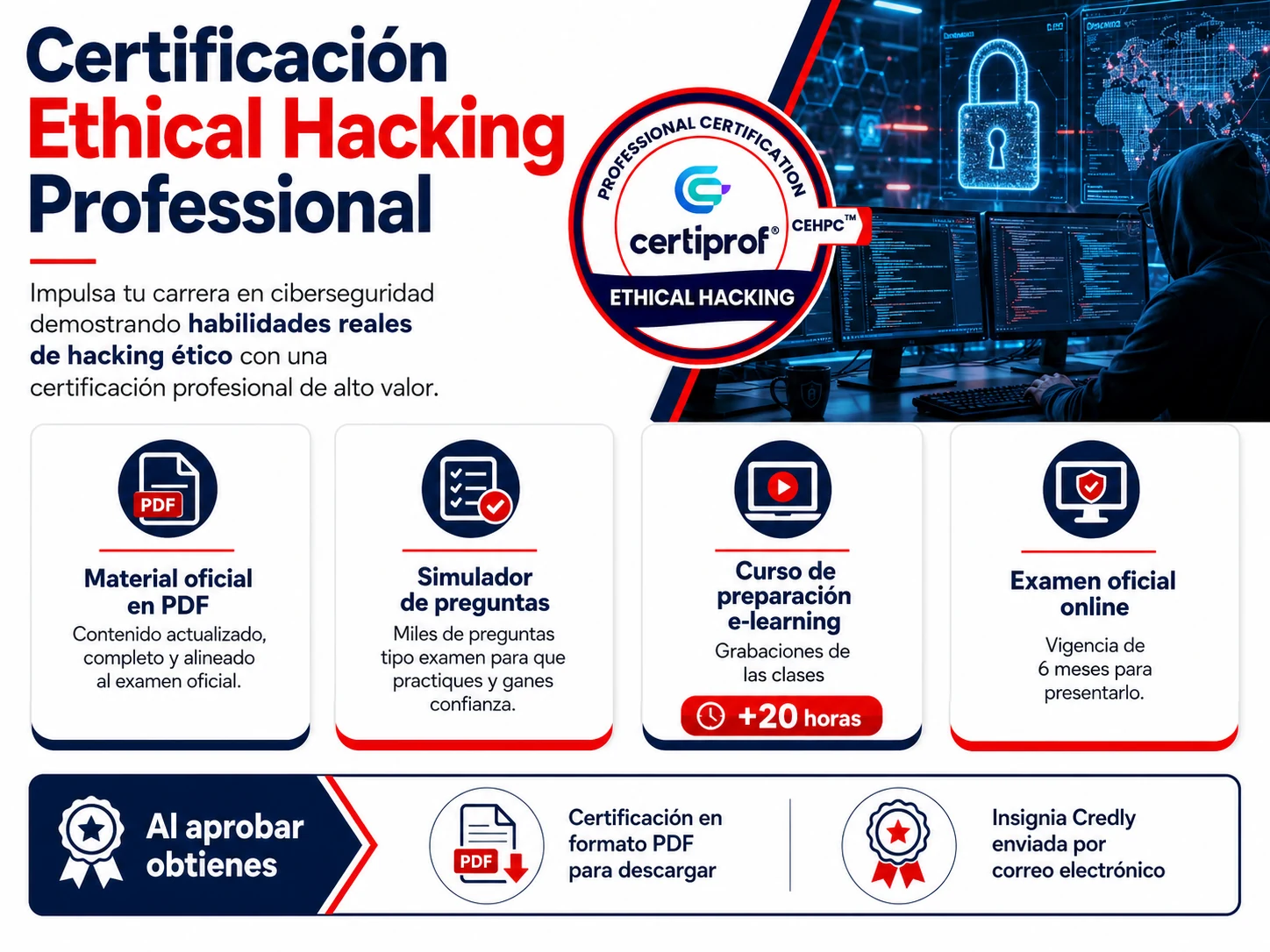 Pieza visual de Ethical Hacking Professional con material, simulador, e-learning y examen